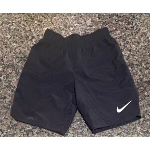 Nike Boys Black Athletic Shorts White Swoosh Logo Elastic Waist Activewear